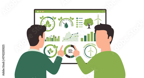 Two people analyzing environmental data on a computer screen ecofriendly concept.