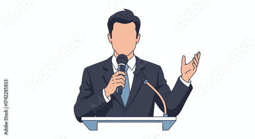 Man in suit speaking at a podium with a microphone giving a presentation.