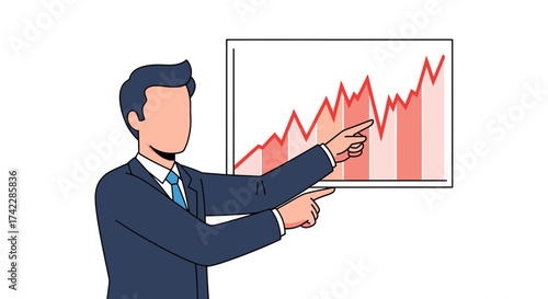 Business presentation of a man pointing at a graph showing growth.