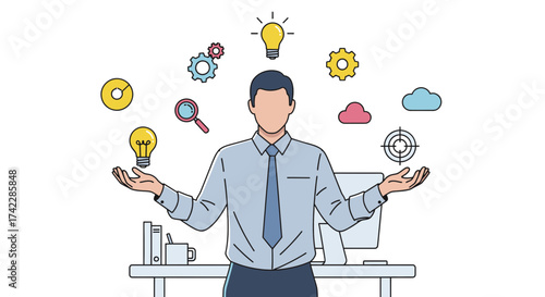 Businessman balancing ideas and concepts multitasking business strategy innovation.