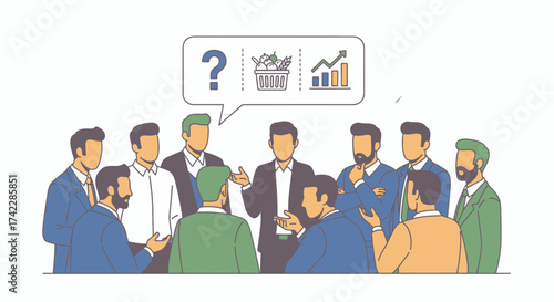 Business team meeting with question mark and growth chart.