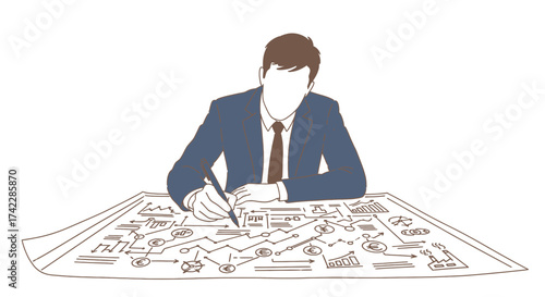 Business professional analyzing financial data on a large sheet of paper.