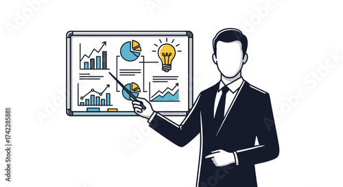 Business presentation with a man pointing at a whiteboard with charts and graphs.