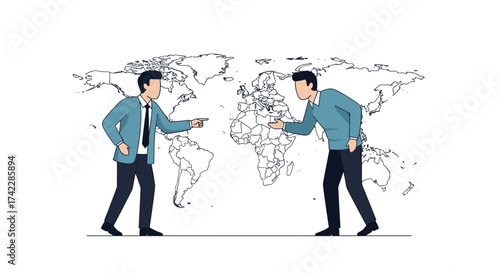 Two businessmen discussing global business strategy in front of world map.