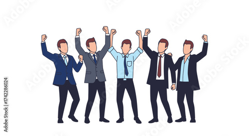 Group of businessmen celebrating success with raised arms and fists.