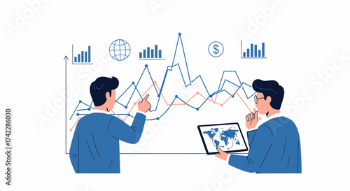 Business professionals analyzing financial data and global market trends.