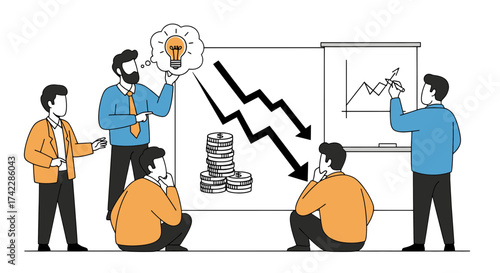 Business team brainstorming ideas to solve financial crisis with new strategy.