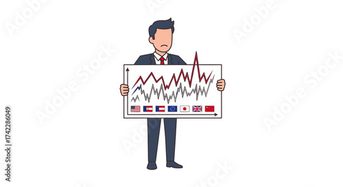 Businessman holding a chart showing economic trends and global flags.
