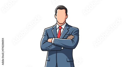 Confident businessman in a suit with arms crossed ready for success.