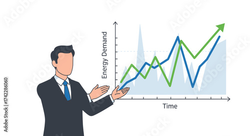 Business presentation of energy demand and time with a businessman pointing at the graph.