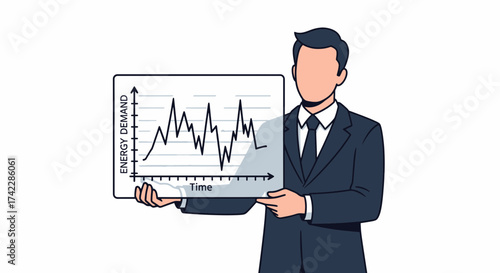 Businessman presenting energy demand graph showing time series analysis and business strategy.