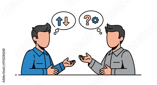 Two men discussing ideas with thought bubbles brainstorming and problem solving.