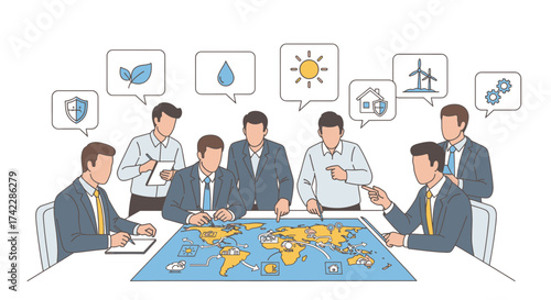 Business team discussing global environmental issues and solutions on a world map.