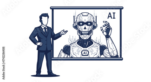 Man presenting AI robot on screen technology and artificial intelligence concept.