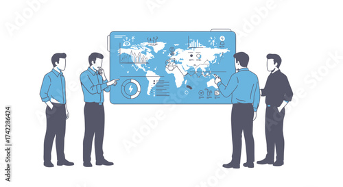 Team of business people analyzing a world map with charts and graphs.