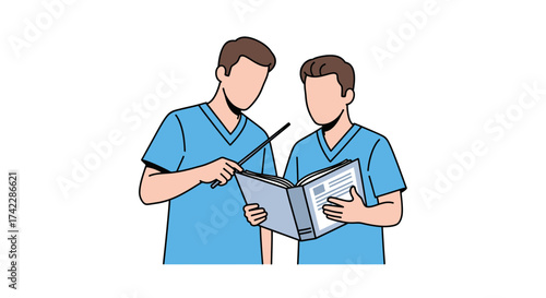 Two medical professionals studying a book together healthcare concept.