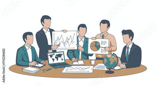 Business team meeting discussing financial data and global strategy.