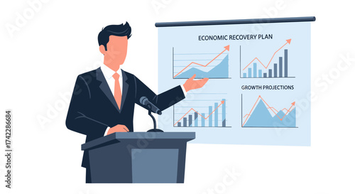 Businessman presenting economic recovery plan and growth projections on a screen.