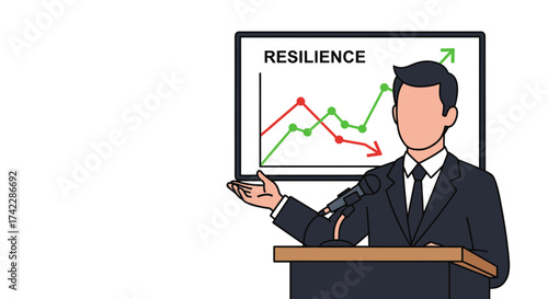 Business presentation on resilience with a graph and speaker.