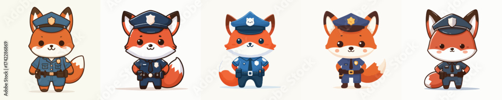 Naklejka premium Set of five charming chibi fox illustrations wearing police uniforms. Anthropomorphic animal cop character design concept