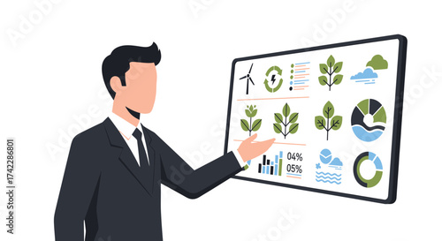 Man presenting environmental data on a digital display sustainability concept.