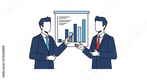 Business presentation with two men in suits one pointing at a chart.
