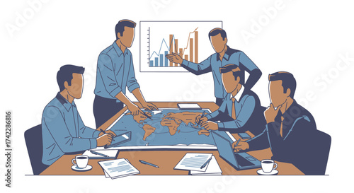 Business team meeting around a table discussing strategy and data analysis.