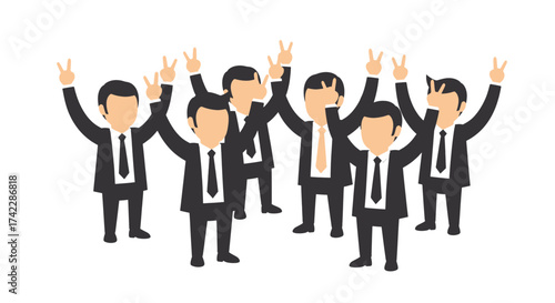 Group of businessmen celebrating success with victory gestures and raised hands.