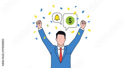 Excited businessman celebrating success with dollar sign and bell icon.
