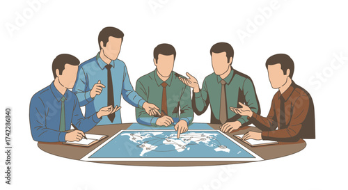 Business team meeting around a world map discussing strategy.