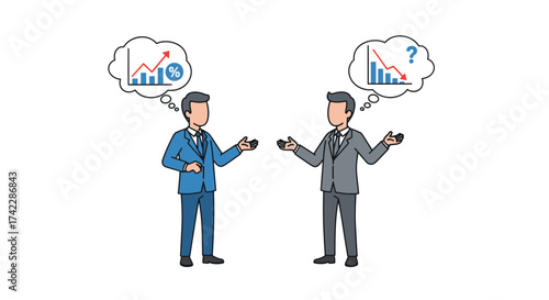 Businessmen discussing financial growth and decline with thought bubbles.