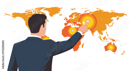 Business professional pointing at the world map global business concept.