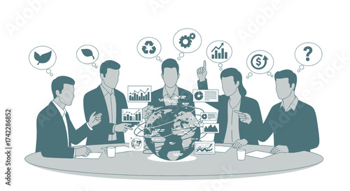 Business meeting with global environmental and financial discussions.