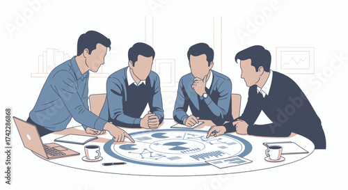 Business team meeting around a table discussing strategy and planning.