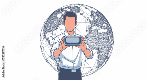 Man holding a virtual reality headset in front of a globe.