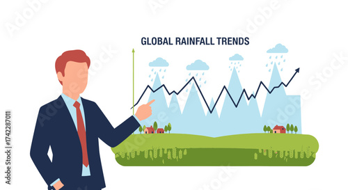 Man presenting global rainfall trends with increasing graph and clouds.
