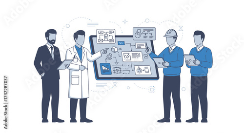 Team of professionals discussing a project plan using a digital display.
