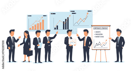 Business team presentation corporate strategy growth innovation market share.
