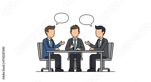 Business meeting of three people at a table with speech bubbles.
