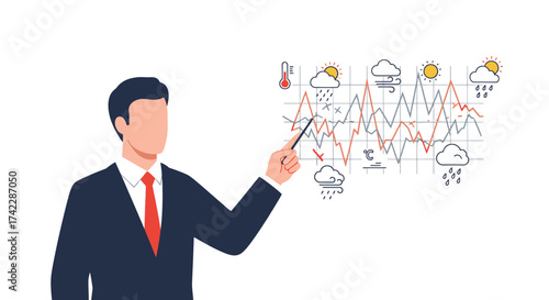 Weather forecast presentation by a businessman with a pointer.