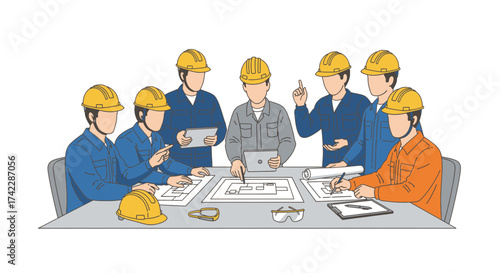 Construction team meeting around a table discussing blueprints and plans.