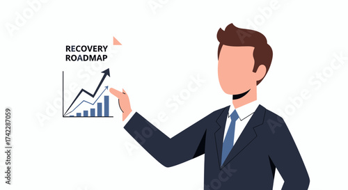 Business professional presenting recovery roadmap with upward trend graph and positive growth.