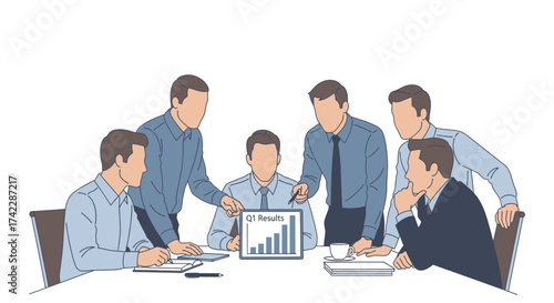 Business team meeting discussing Q1 results analyzing data and planning strategies.