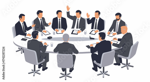 Business meeting of a group of people in suits around a table.