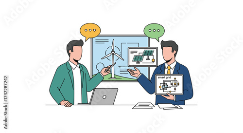 Two men discussing renewable energy and smart grid technology.
