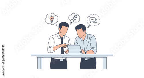 Two businessmen discussing ideas and solutions using a tablet at a table.