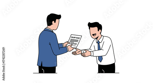 Man receiving salary raise document from another man in business attire.