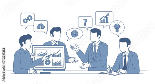 Business team meeting discussing financial data and ideas for growth.