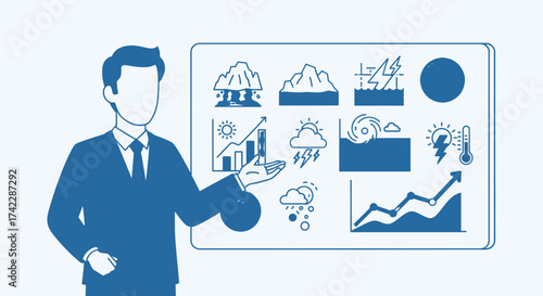 Weather forecaster presenting climate change data and weather patterns on a display board.