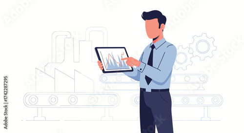 Businessman analyzing production data on a tablet in factory.